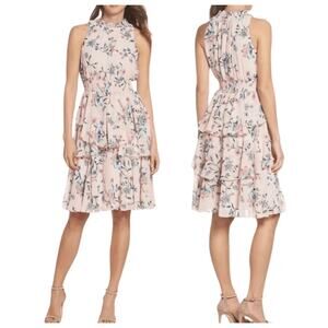 Eliza J Women's Pink Floral Dress Size 14 High Neck Sleeveless Ruffle A-Line